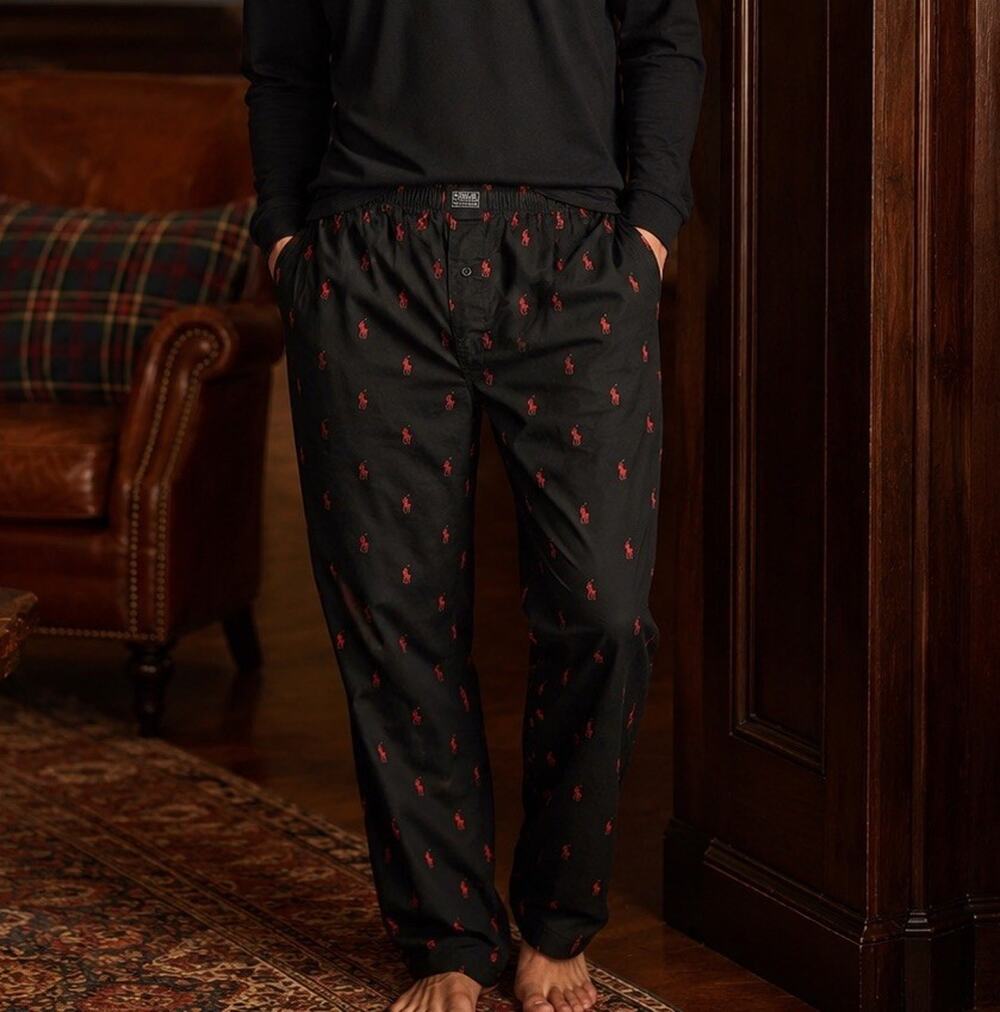 Polo Ralph Lauren Sleepwear Lounge Pajama Pants Black Red Pony Logo Print L AOP